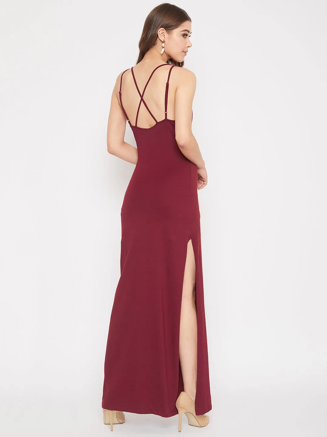 Berrylush Women Solid Maroon Round-Neck Thigh-High Slit Maxi Dress