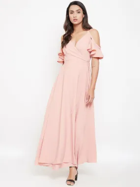 Berrylush Women Solid Pink Blush V-Neck Cold-Shoulder Maxi Dress