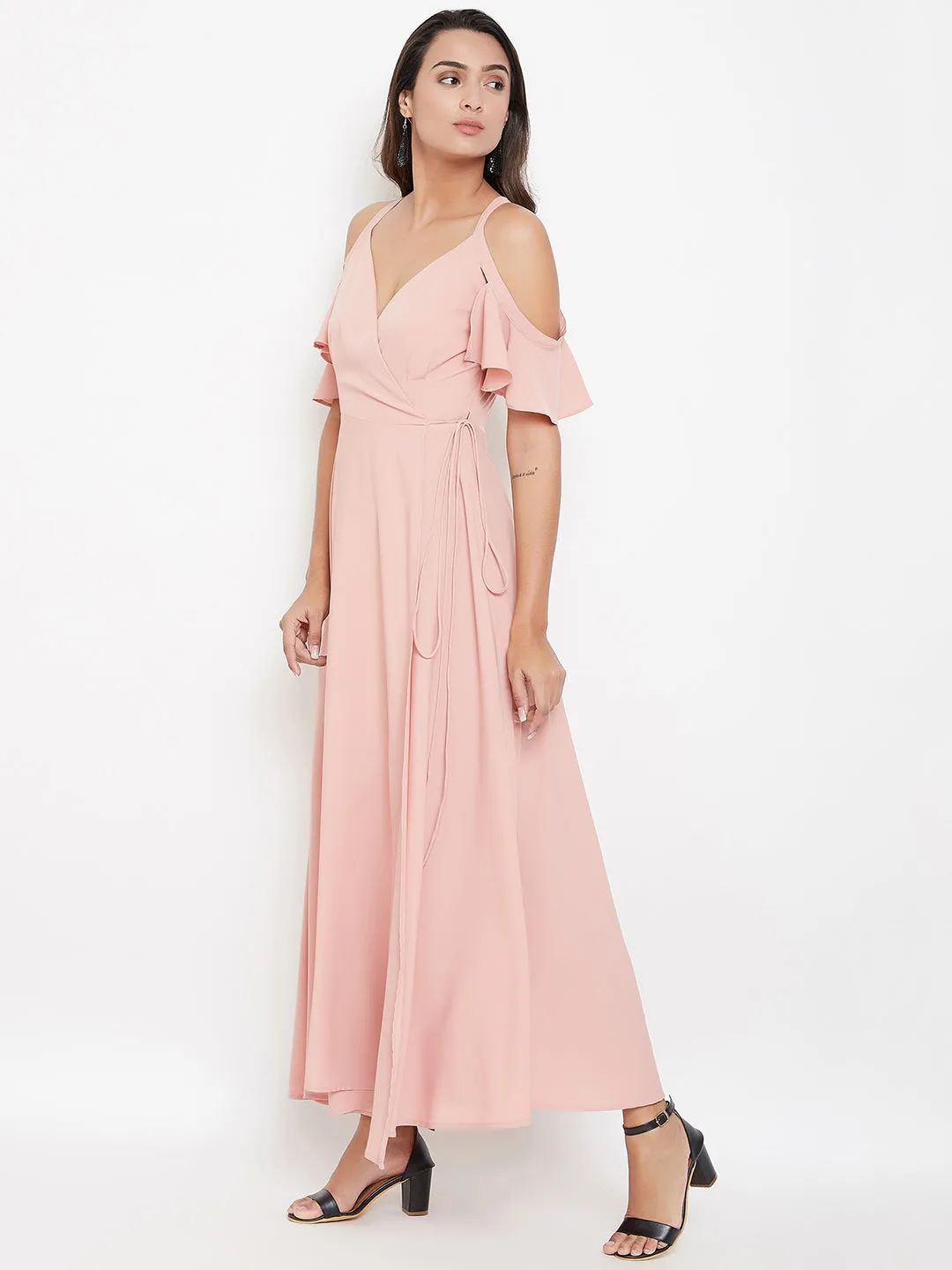 Berrylush Women Solid Pink Blush V-Neck Cold-Shoulder Maxi Dress