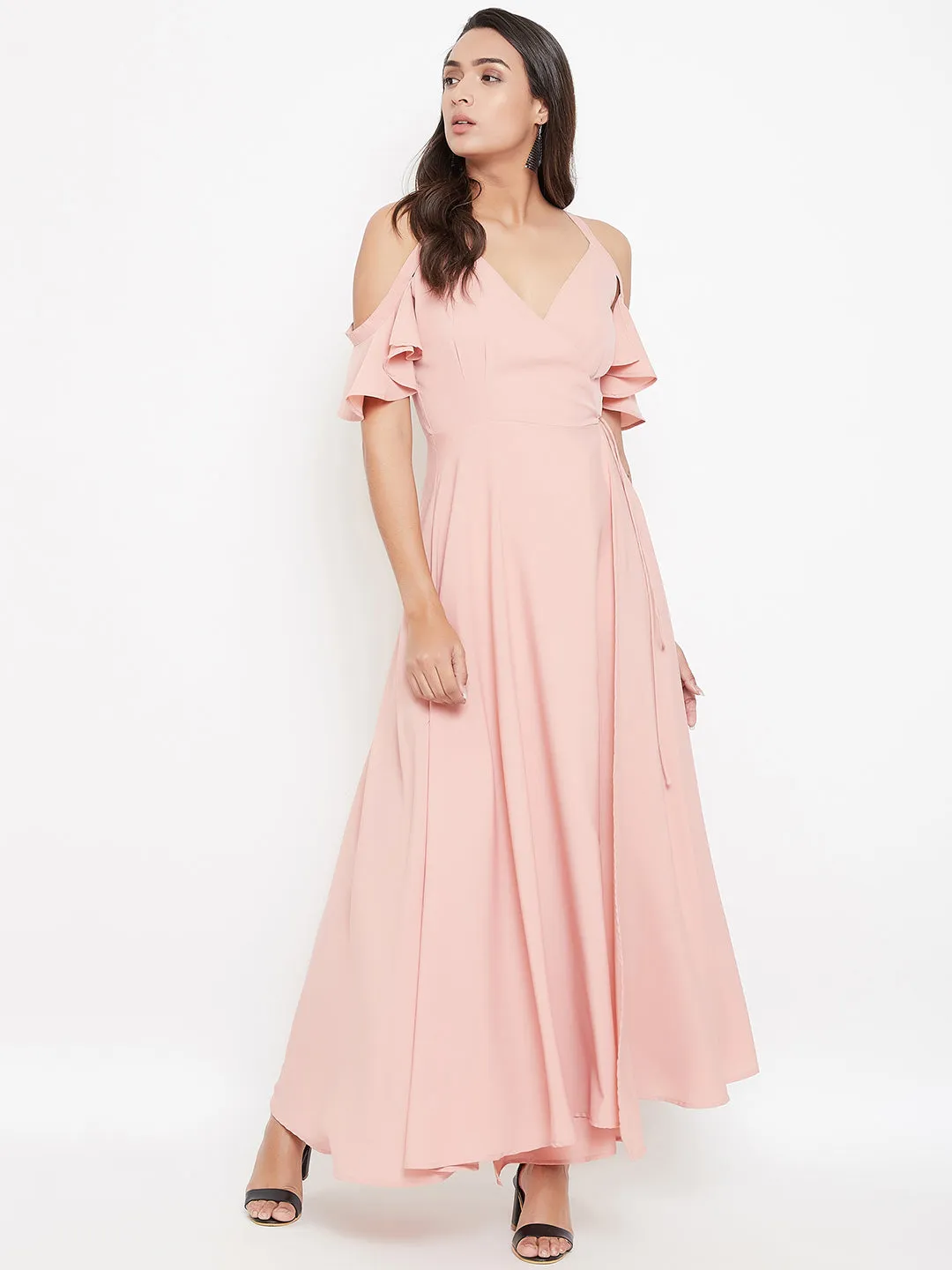 Berrylush Women Solid Pink Blush V-Neck Cold-Shoulder Maxi Dress