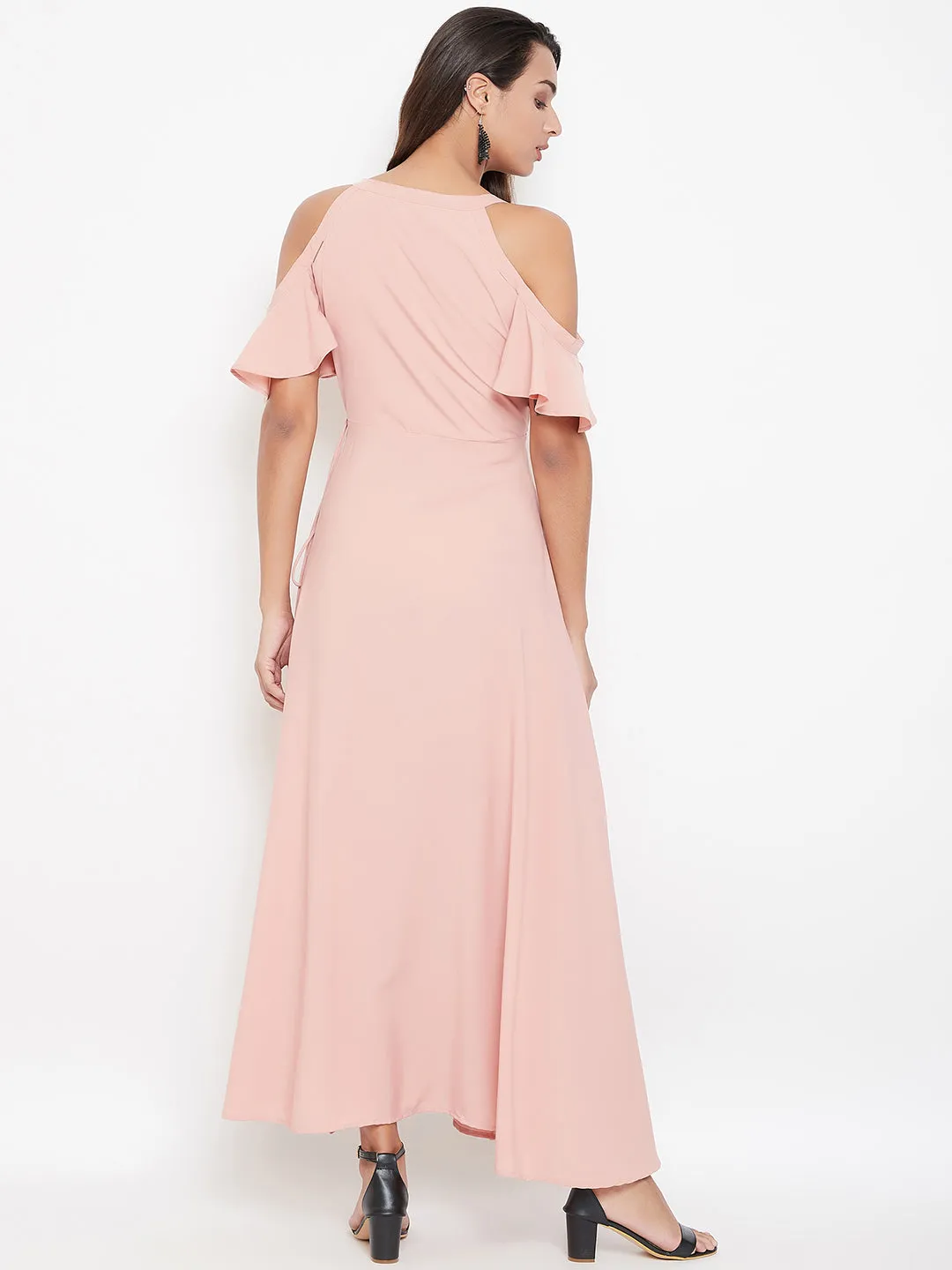 Berrylush Women Solid Pink Blush V-Neck Cold-Shoulder Maxi Dress