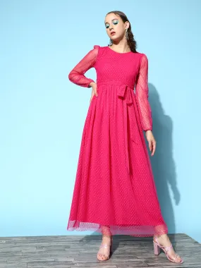 Berrylush Women Solid Pink Dobby Weave Round Neck Waist Tie-Up Flared Maxi Dress