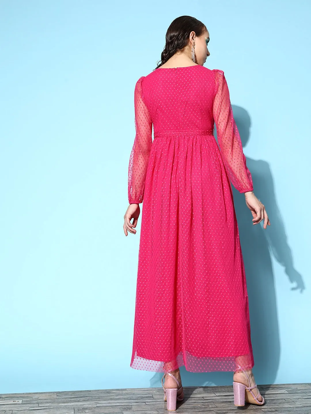 Berrylush Women Solid Pink Dobby Weave Round Neck Waist Tie-Up Flared Maxi Dress