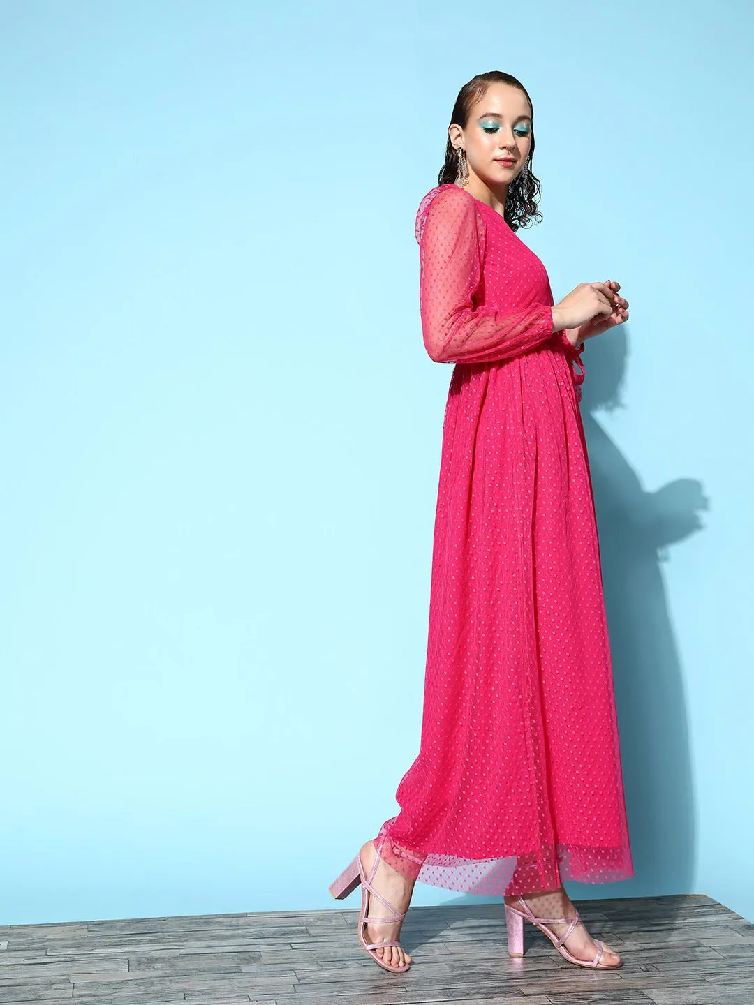 Berrylush Women Solid Pink Dobby Weave Round Neck Waist Tie-Up Flared Maxi Dress