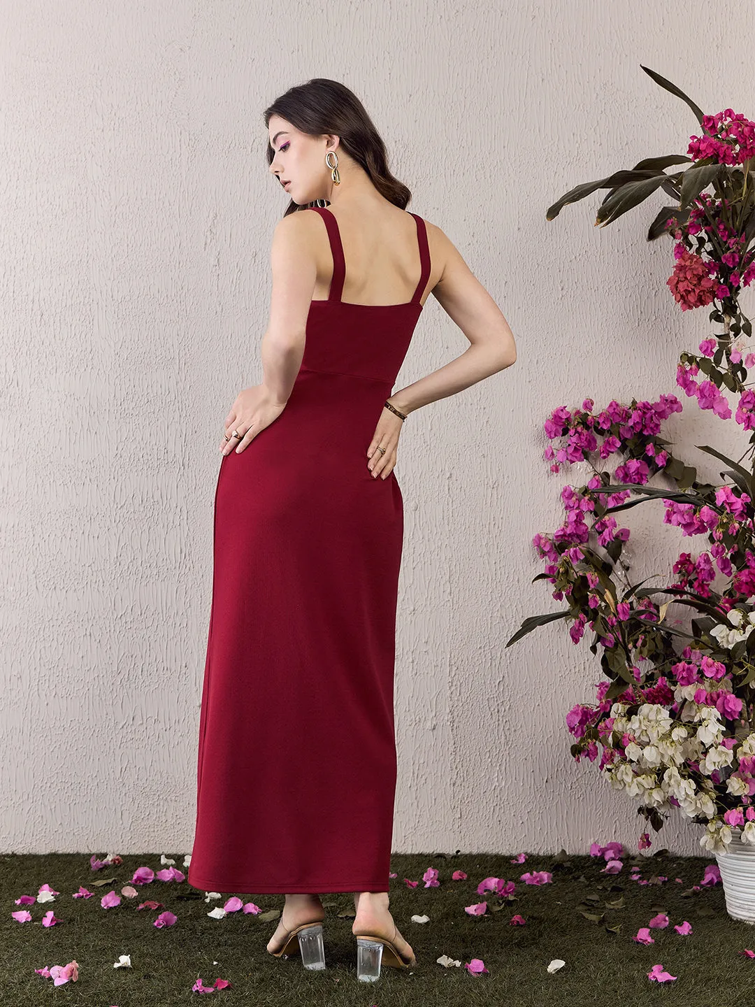 Berrylush Women Solid Red Square Neck Sleeveless Thigh-High Slit Straight Hem Knitted Maxi Dress