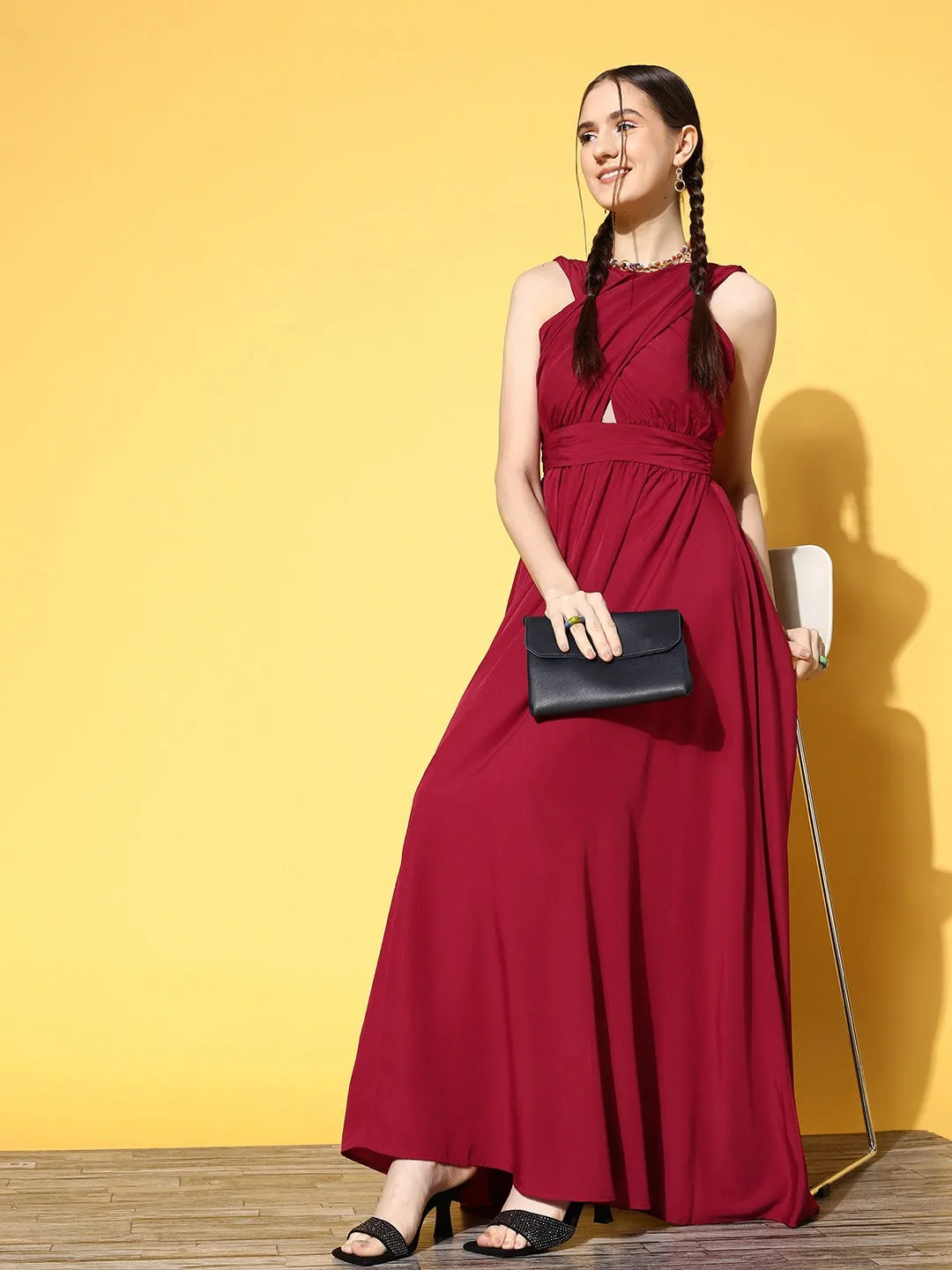 Berrylush Women Solid Red V-Neck Criss-Cross Front Crepe Flared A-Line Maxi Dress