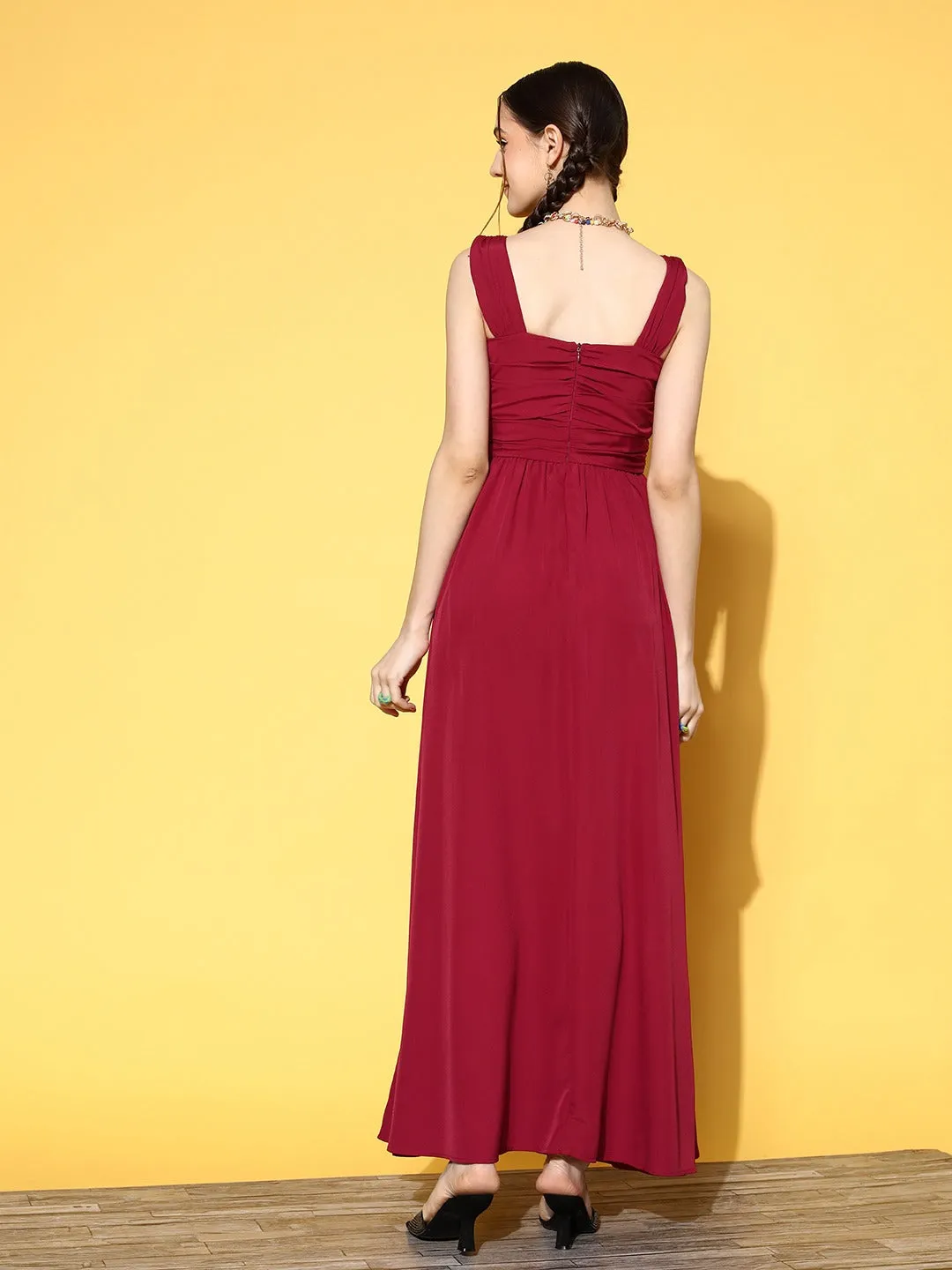 Berrylush Women Solid Red V-Neck Criss-Cross Front Crepe Flared A-Line Maxi Dress