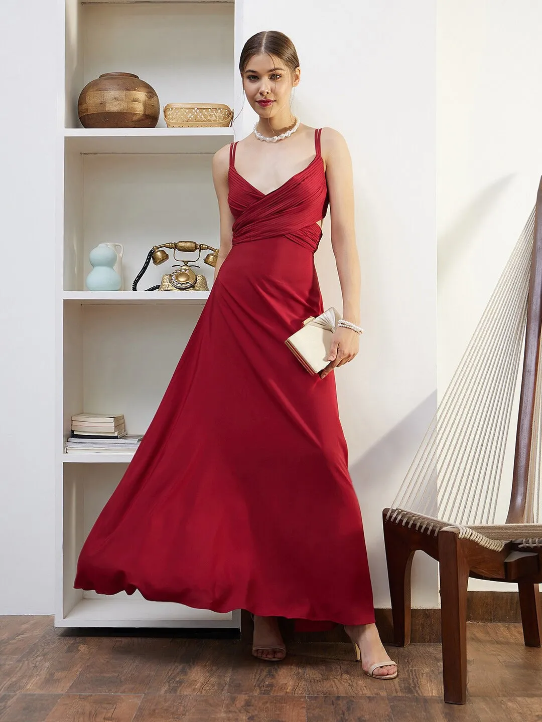 Berrylush Women Solid Red V-Neck Sleeveless Waist Cut-Out Flared Maxi Dress