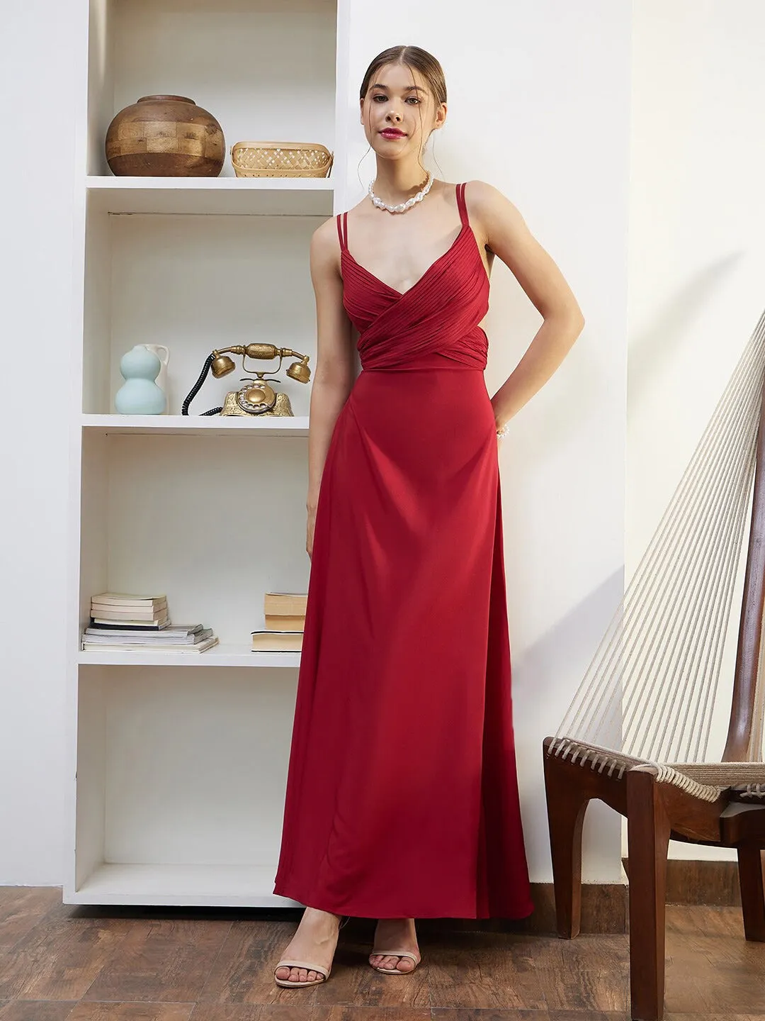 Berrylush Women Solid Red V-Neck Sleeveless Waist Cut-Out Flared Maxi Dress