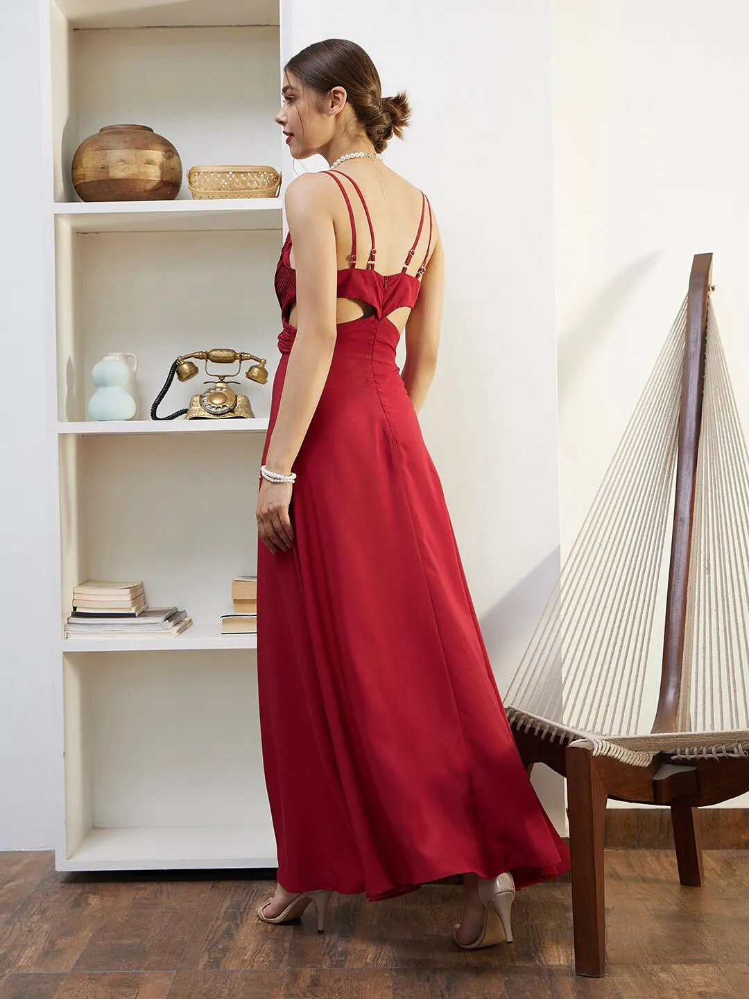 Berrylush Women Solid Red V-Neck Sleeveless Waist Cut-Out Flared Maxi Dress