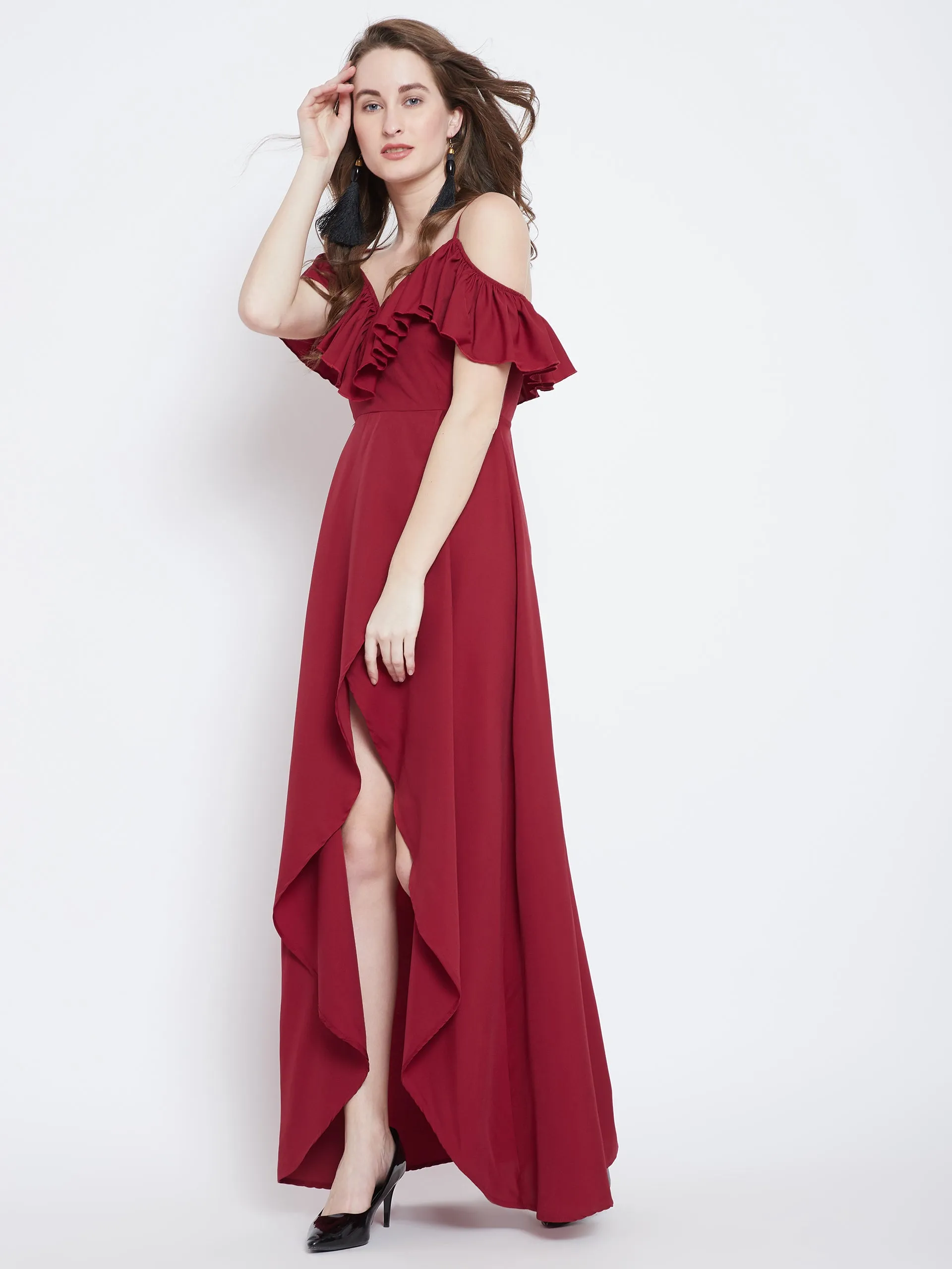 Berrylush Women Solid Red V-Neck Tulip Hem Crepe Ruffled Maxi Dress