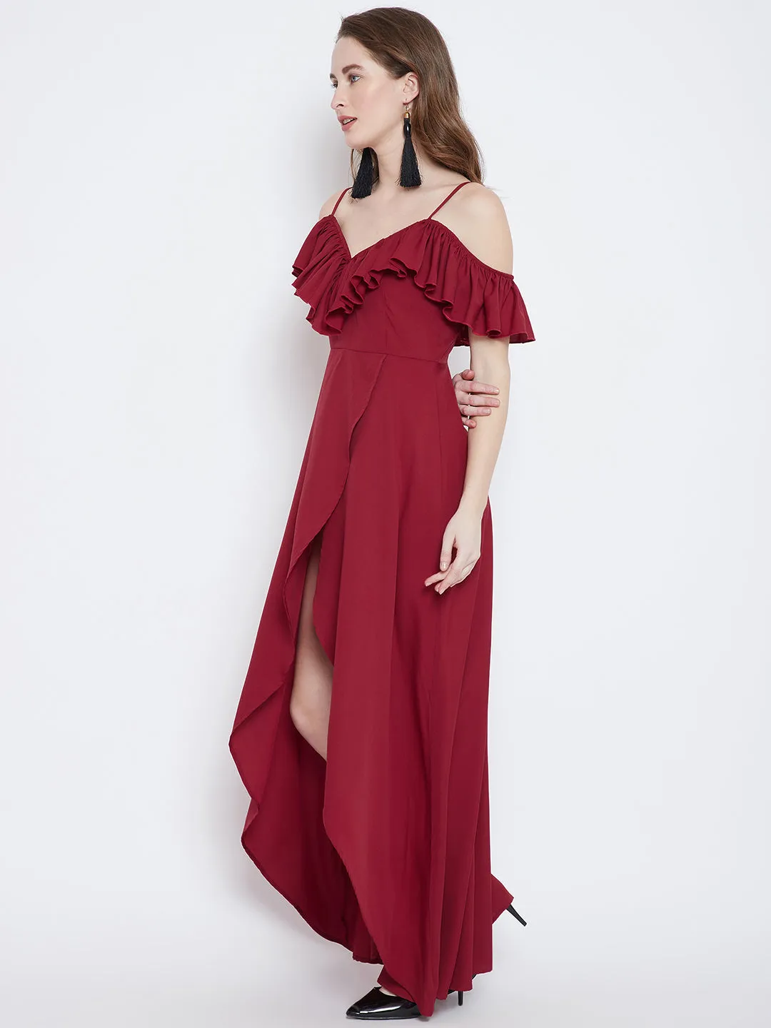 Berrylush Women Solid Red V-Neck Tulip Hem Crepe Ruffled Maxi Dress