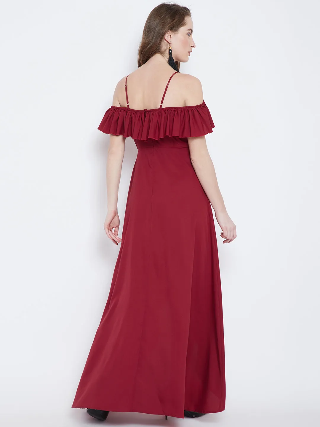 Berrylush Women Solid Red V-Neck Tulip Hem Crepe Ruffled Maxi Dress