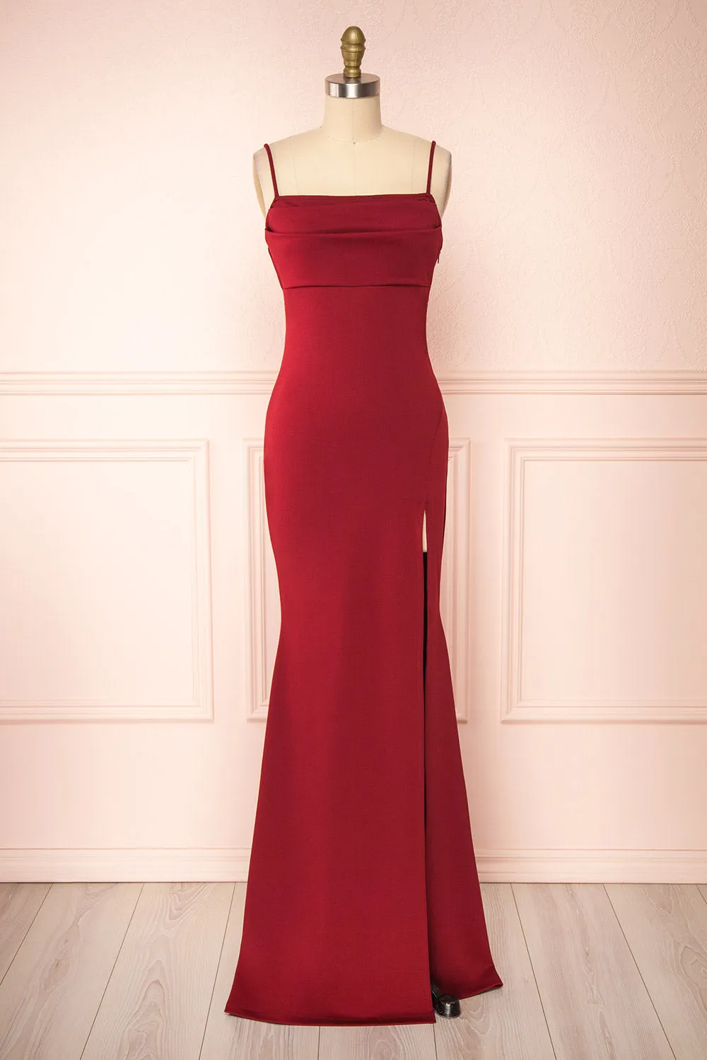 Birna Burgundy | Cowl Neck Maxi Dress w/ Slit