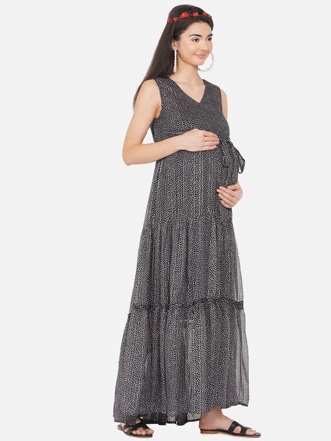 Black Floral Print Maxi Maternity Baby Shower Dress