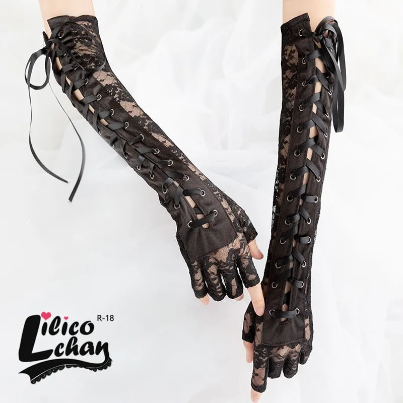 Black Lace Up Fingerless Gloves Elbow steampunk for Womens Costume Party Arm Warmer Sexy Mittens Clubwear Cosplay Accessories