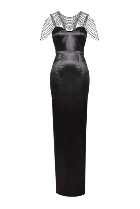 BLACK TEXTURED SATIN SEQUIN PENCIL MAXI DRESS