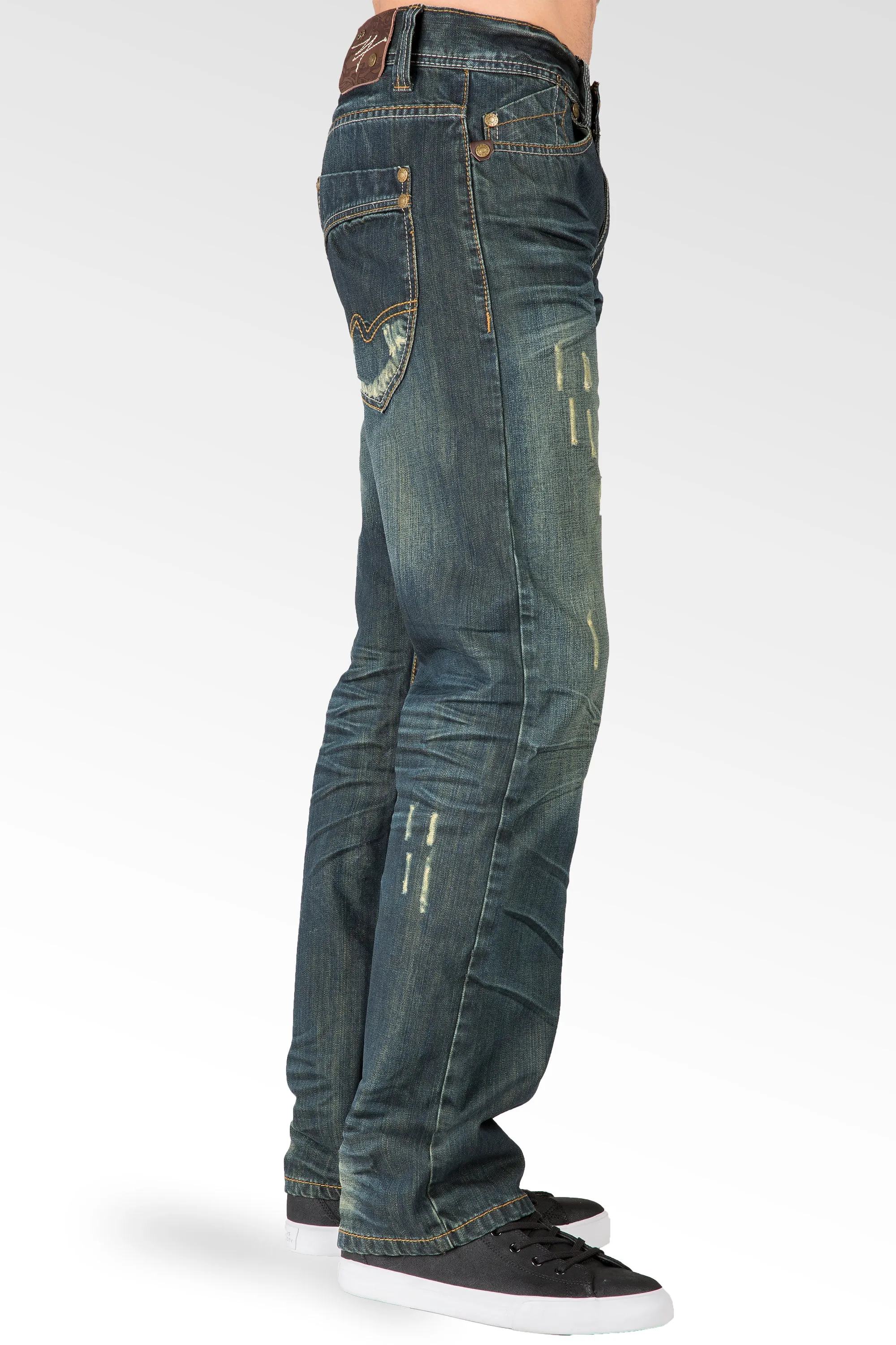 Blue Tint Relaxed Straight Leg Premium Denim Jeans Signature 5 Pocket Scratching Whisker