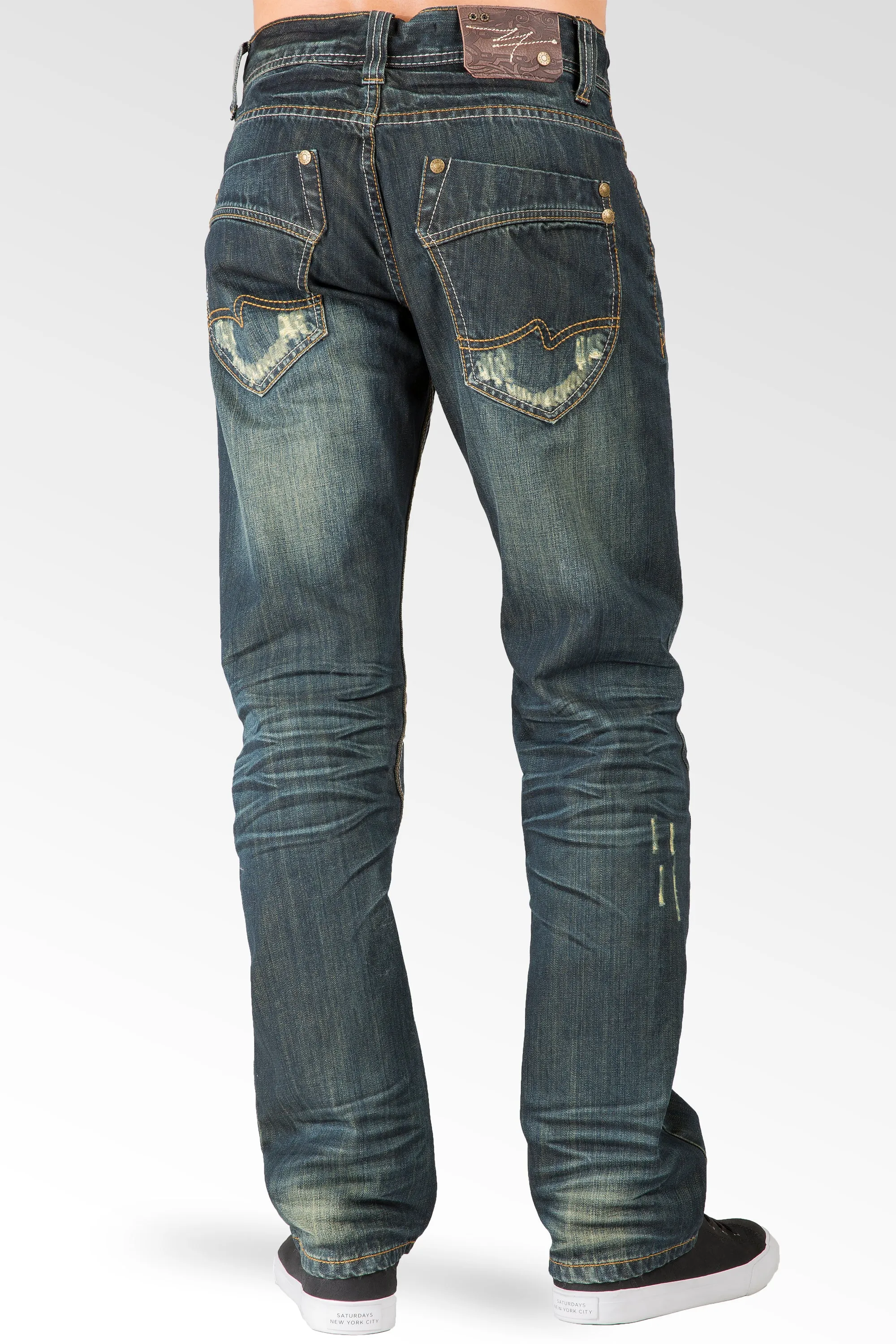 Blue Tint Relaxed Straight Leg Premium Denim Jeans Signature 5 Pocket Scratching Whisker