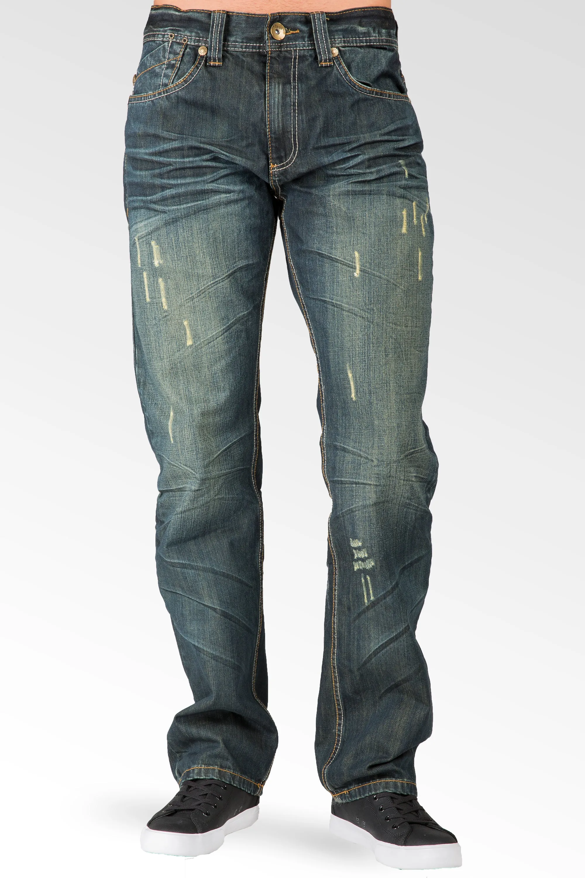 Blue Tint Relaxed Straight Leg Premium Denim Jeans Signature 5 Pocket Scratching Whisker