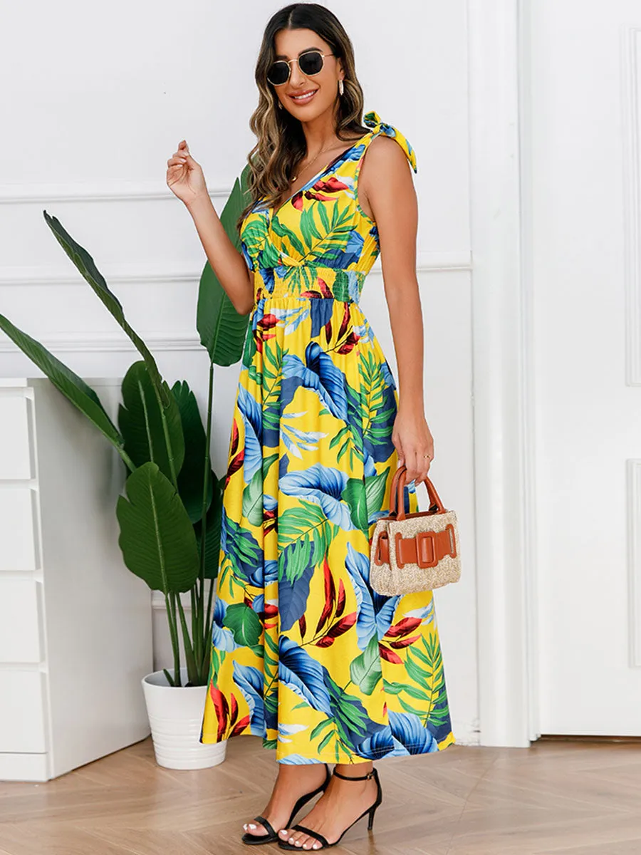 Bohemia Floral Leaves Printed V Neck Strap Maxi Boho Dress