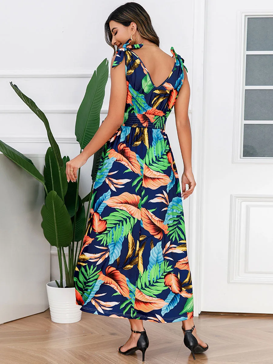 Bohemia Floral Leaves Printed V Neck Strap Maxi Boho Dress