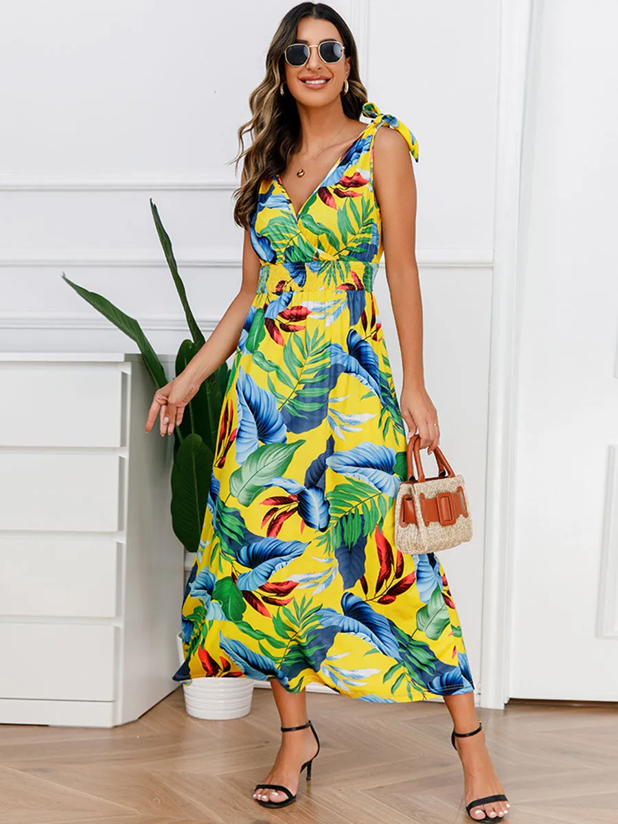 Bohemia Floral Leaves Printed V Neck Strap Maxi Boho Dress