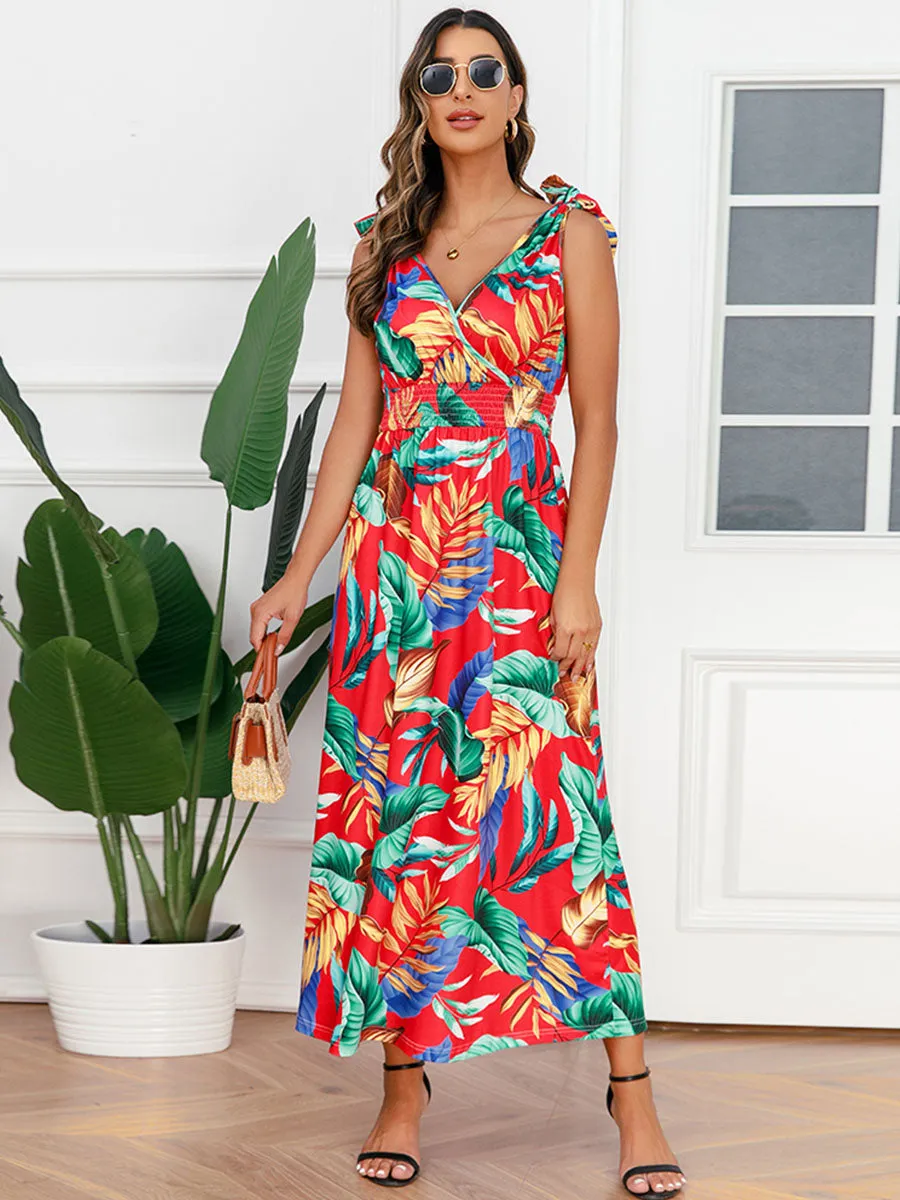 Bohemia Floral Leaves Printed V Neck Strap Maxi Boho Dress