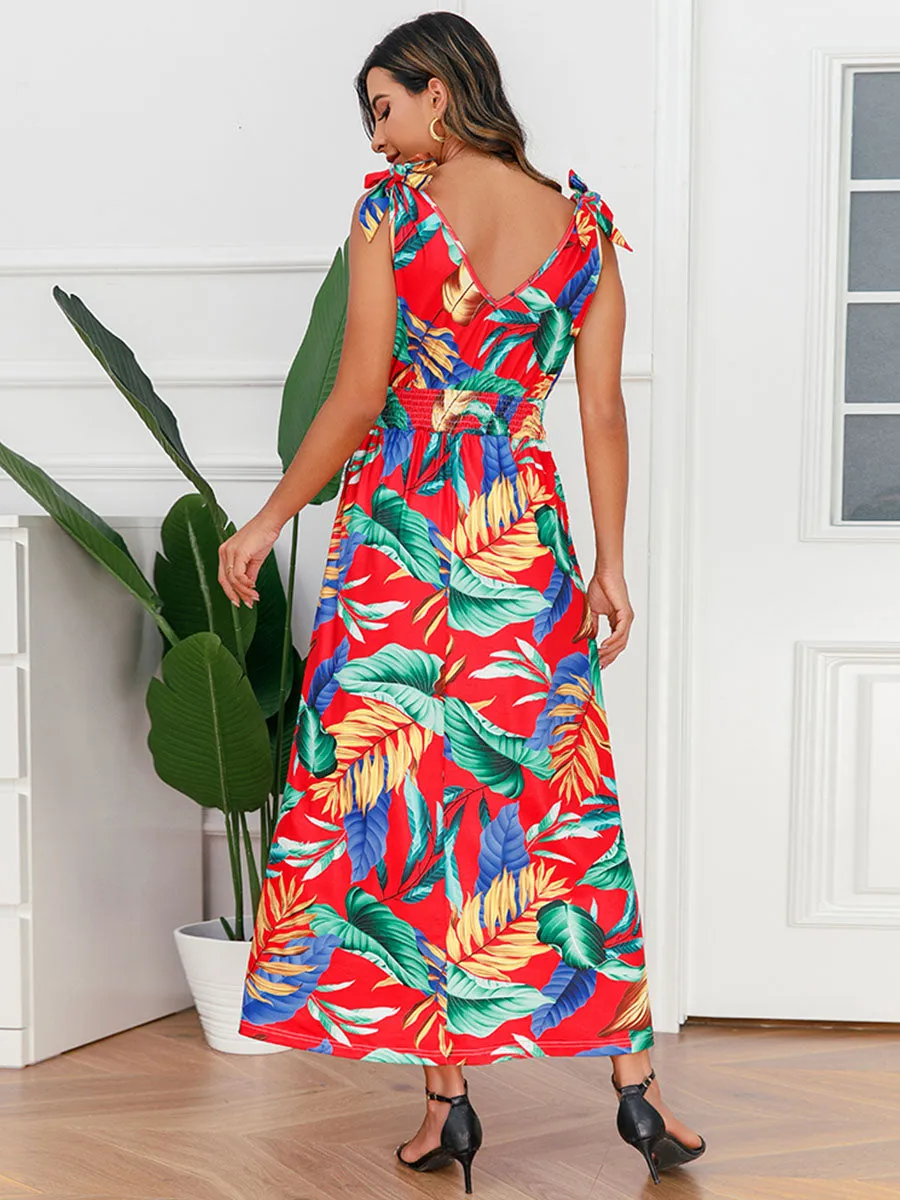 Bohemia Floral Leaves Printed V Neck Strap Maxi Boho Dress