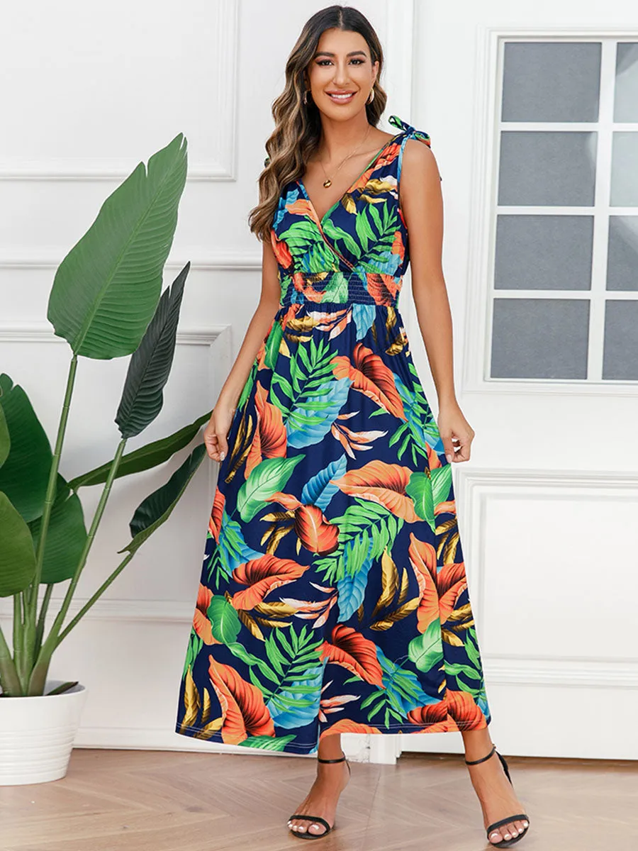 Bohemia Floral Leaves Printed V Neck Strap Maxi Boho Dress