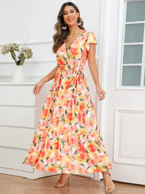 Bohemia Floral Printed Ruffles Sleeves V Neck Maxi Boho Dress