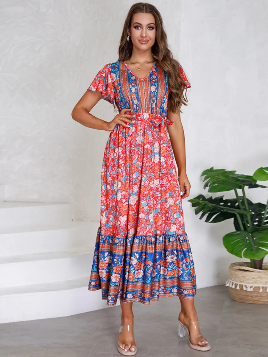 Bohemia Floral Printed Short Sleeves V Neck Boho Dress with Belt