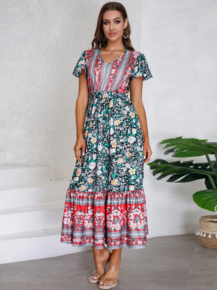 Bohemia Floral Printed Short Sleeves V Neck Boho Dress with Belt