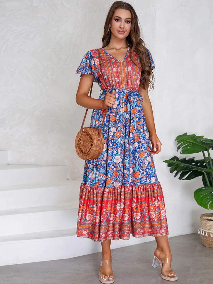 Bohemia Floral Printed Short Sleeves V Neck Boho Dress with Belt