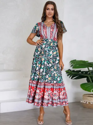 Bohemia Floral Printed Short Sleeves V Neck Boho Dress with Belt