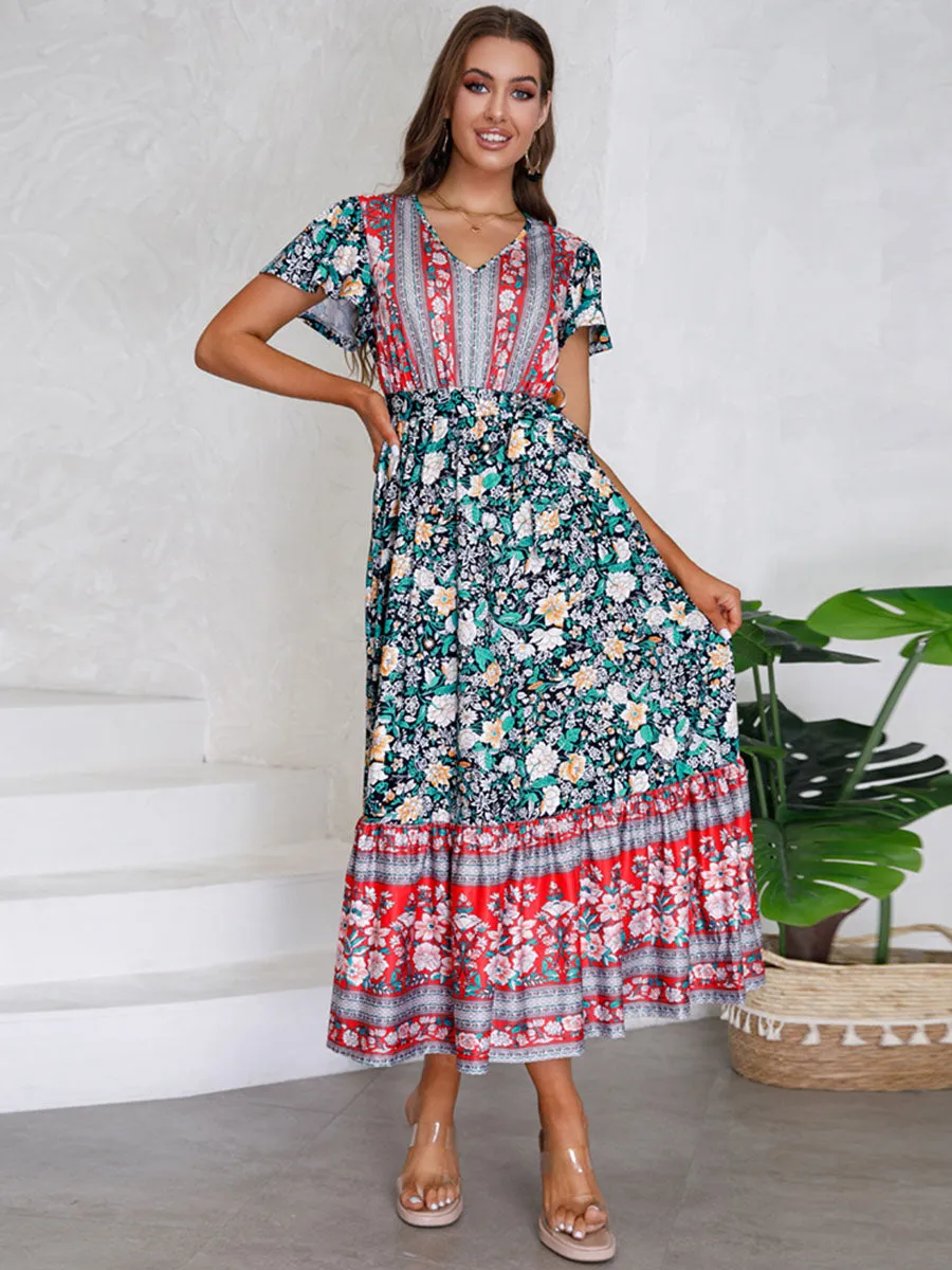 Bohemia Floral Printed Short Sleeves V Neck Boho Dress with Belt