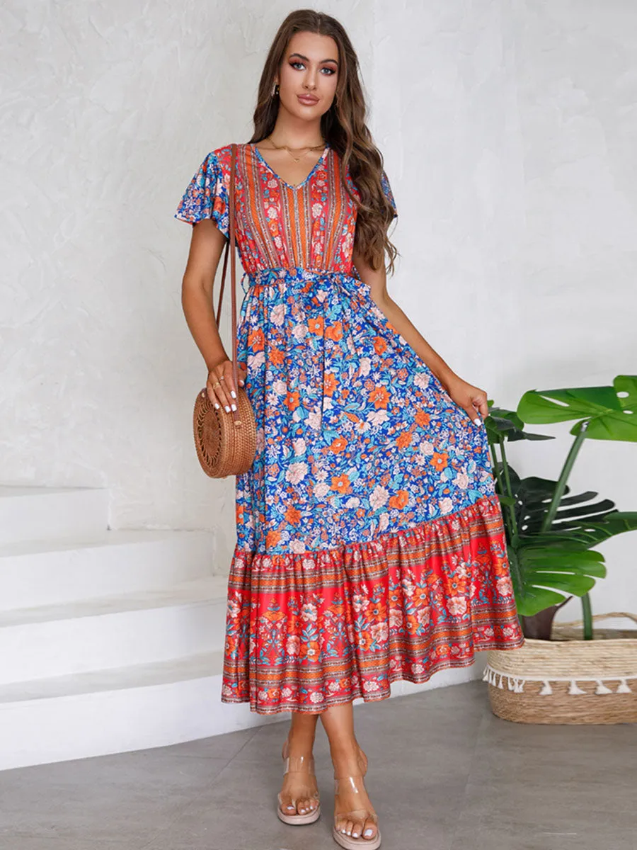 Bohemia Floral Printed Short Sleeves V Neck Boho Dress with Belt