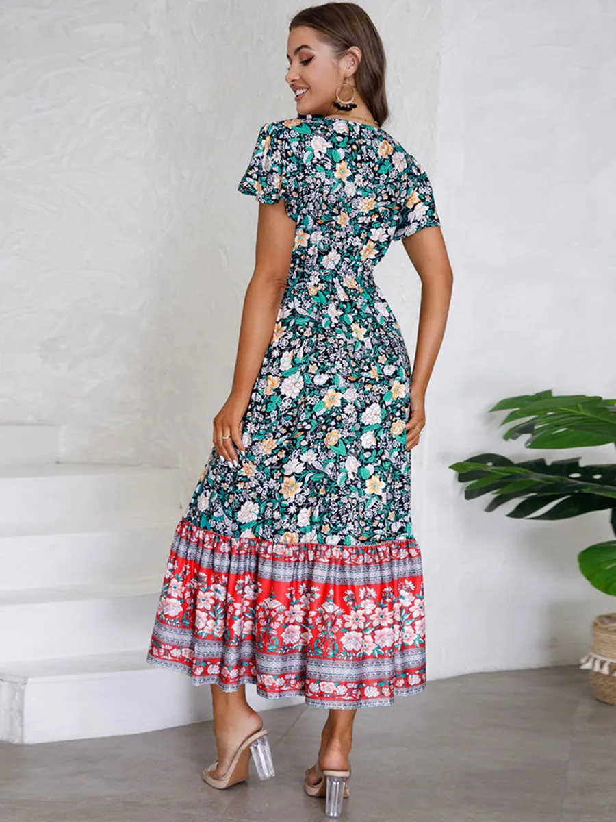 Bohemia Floral Printed Short Sleeves V Neck Boho Dress with Belt