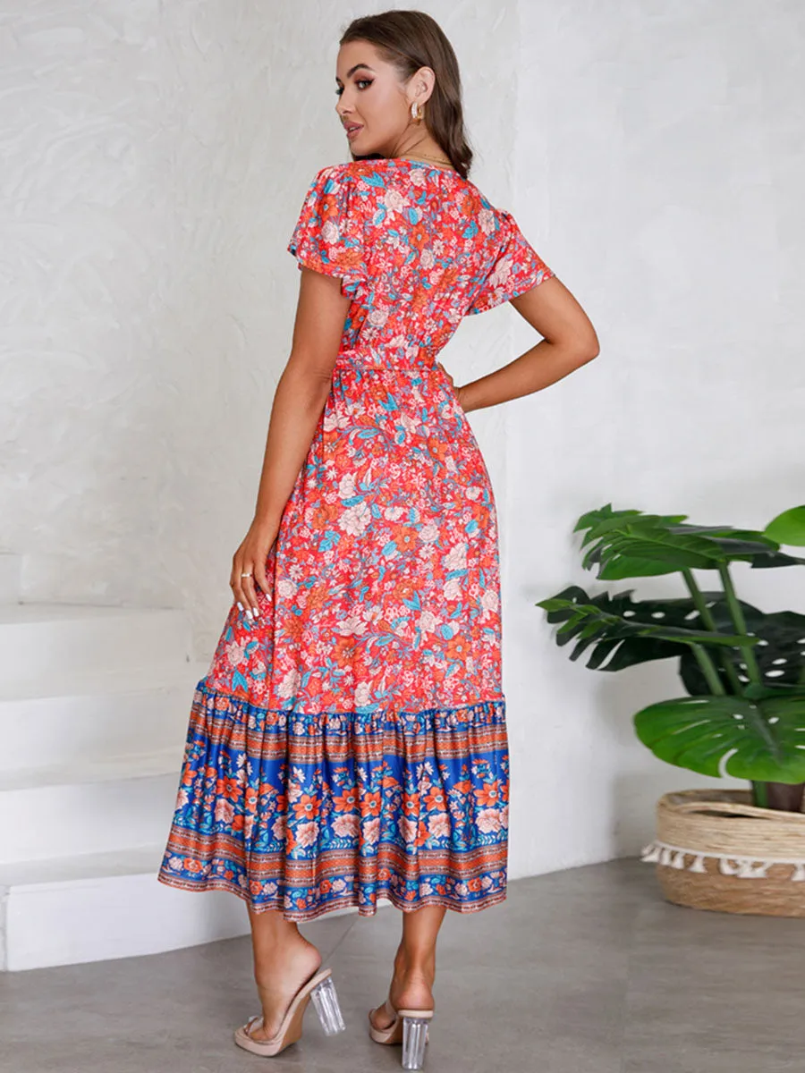 Bohemia Floral Printed Short Sleeves V Neck Boho Dress with Belt