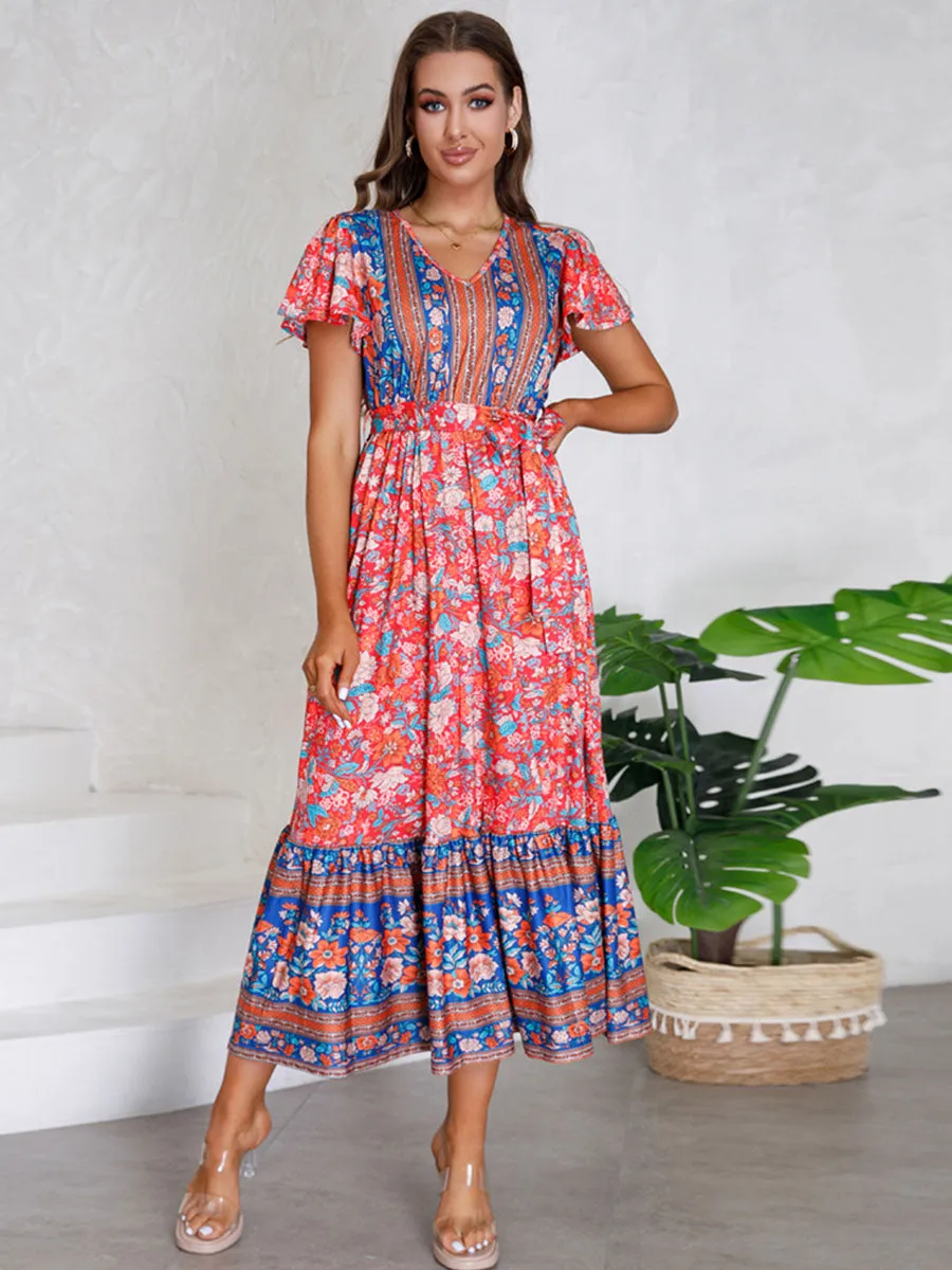 Bohemia Floral Printed Short Sleeves V Neck Boho Dress with Belt