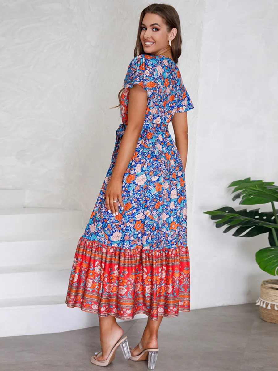 Bohemia Floral Printed Short Sleeves V Neck Boho Dress with Belt