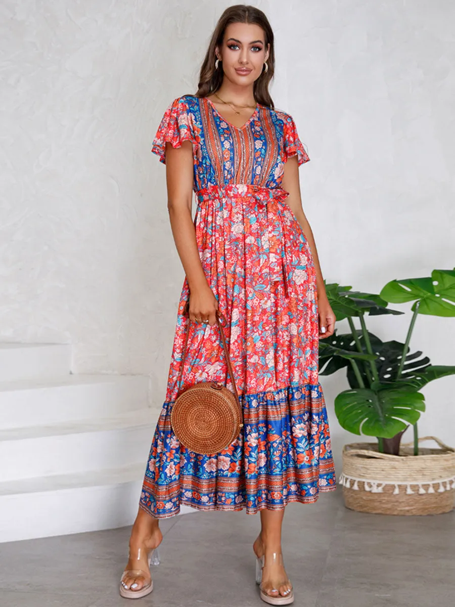 Bohemia Floral Printed Short Sleeves V Neck Boho Dress with Belt