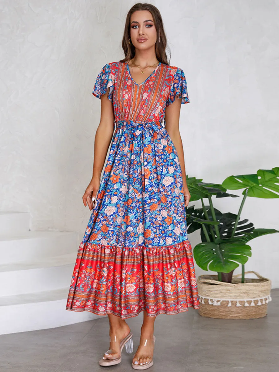 Bohemia Floral Printed Short Sleeves V Neck Boho Dress with Belt