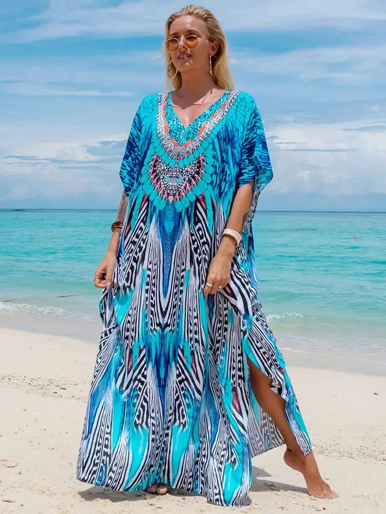 Bohemian Plus Size Kaftan Maxi Dress – Elegant Summer Beachwear & Swimsuit Cover-Up