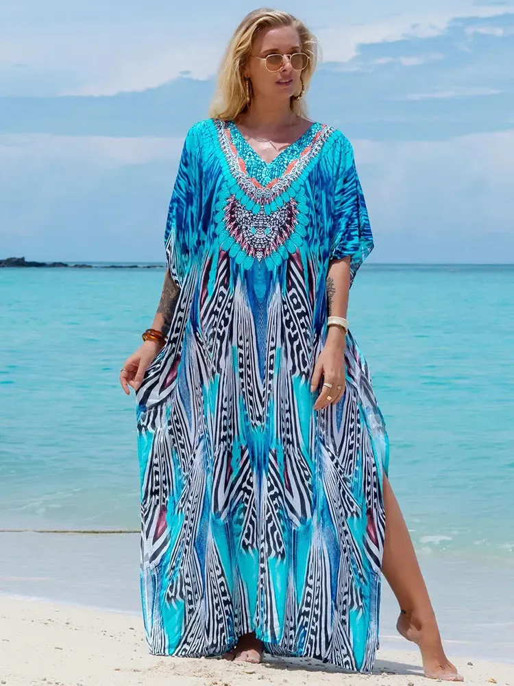 Bohemian Plus Size Kaftan Maxi Dress – Elegant Summer Beachwear & Swimsuit Cover-Up