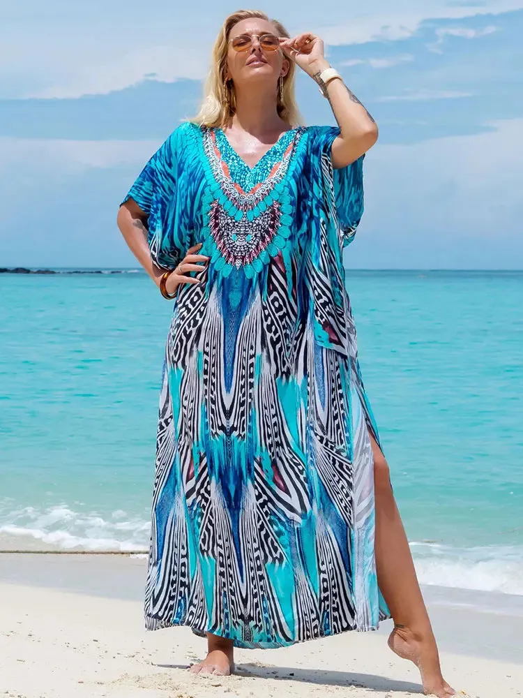 Bohemian Plus Size Kaftan Maxi Dress – Elegant Summer Beachwear & Swimsuit Cover-Up