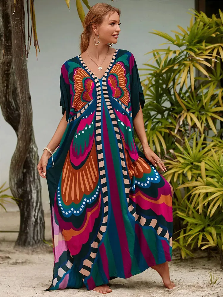 Bohemian Plus Size Kaftan Maxi Dress – Elegant Summer Beachwear & Swimsuit Cover-Up