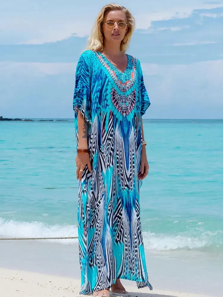 Bohemian Plus Size Kaftan Maxi Dress – Elegant Summer Beachwear & Swimsuit Cover-Up