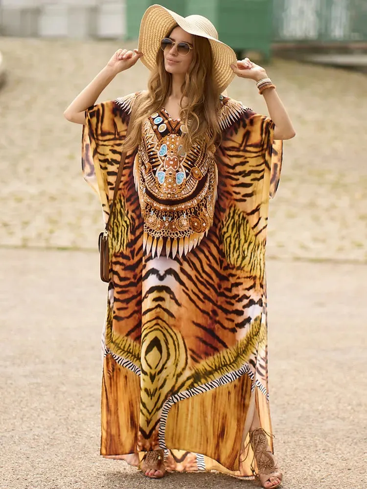 Bohemian Plus Size Kaftan Maxi Dress – Elegant Summer Beachwear & Swimsuit Cover-Up