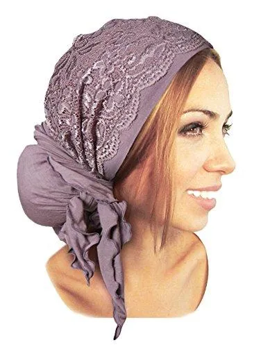 Boho Chic Lilac Head-scarf Embellished With Wide Fancy Floral Lace (Lavender long fancy wide lace - 185)